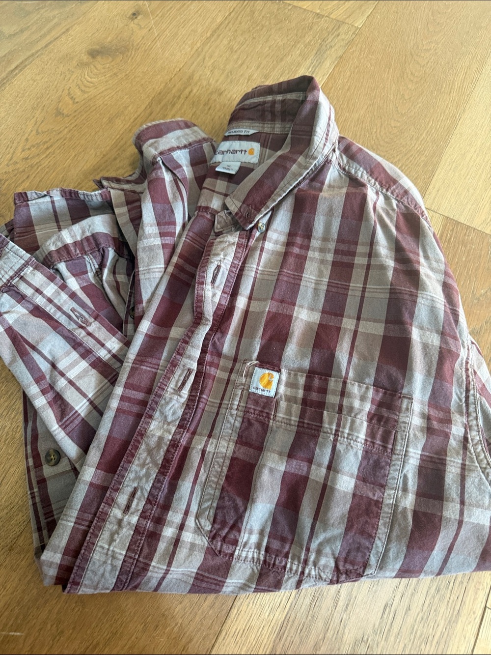 Carhartt Men's Maroon and Cream Plaid Button-Down Shirt